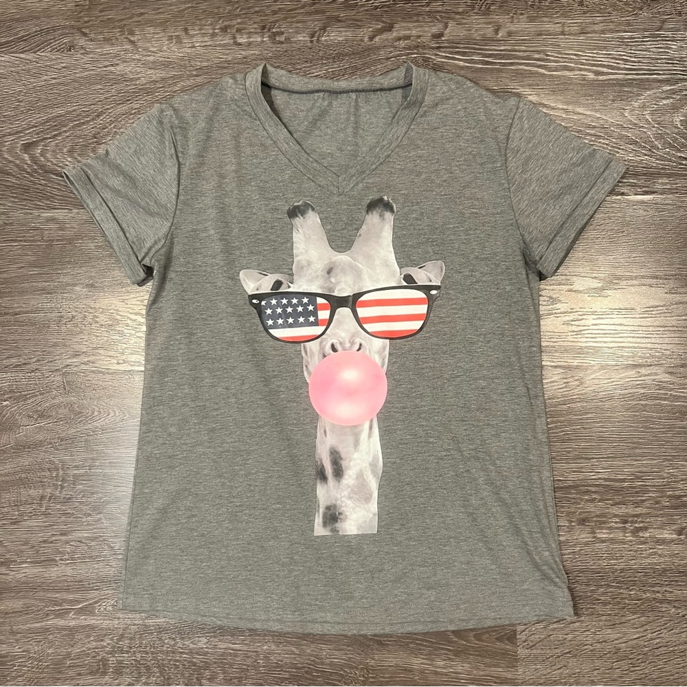 American Flag Sunglasses Giraffe Graphic T-Shirt